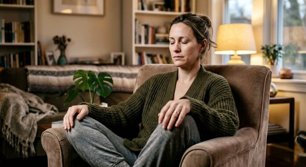 A parent practicing breathing exercises for parents to reduce anxiety at home