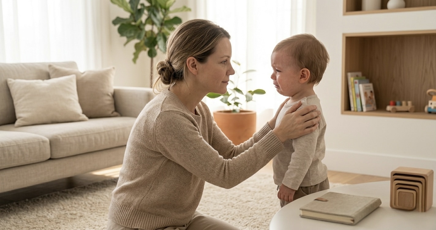 toddler tantrums - calm mother kneeling to comfort distressed toddler
