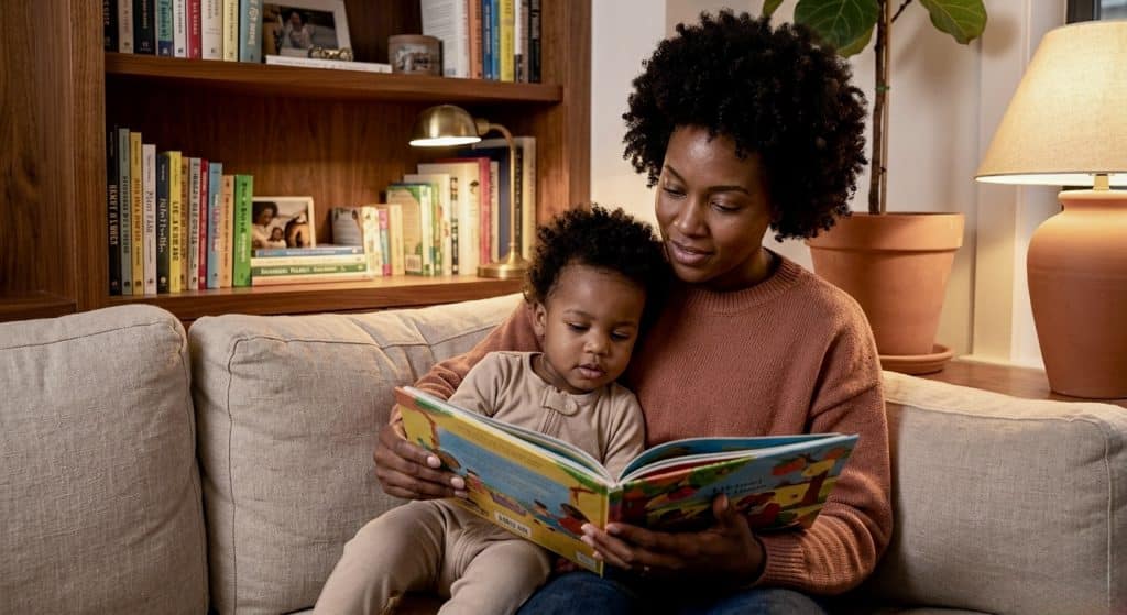 emotional regulation toddlers - mother and child reading feelings book together