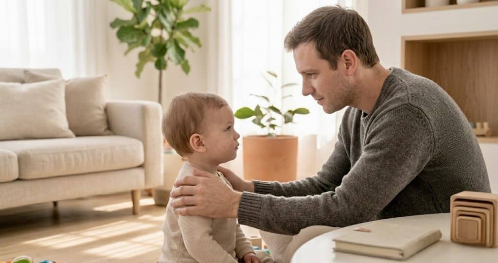 toddler tantrums - father sitting at eye level to comfort toddler calmly