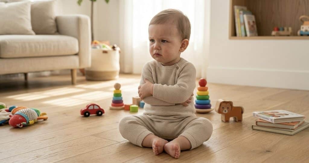 toddler tantrums - frustrated toddler sitting on floor in playroom
