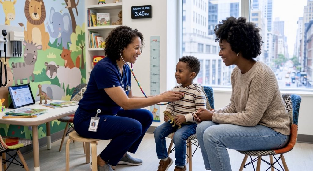 ADHD diagnosis in children conducted by pediatrician with attentive parent