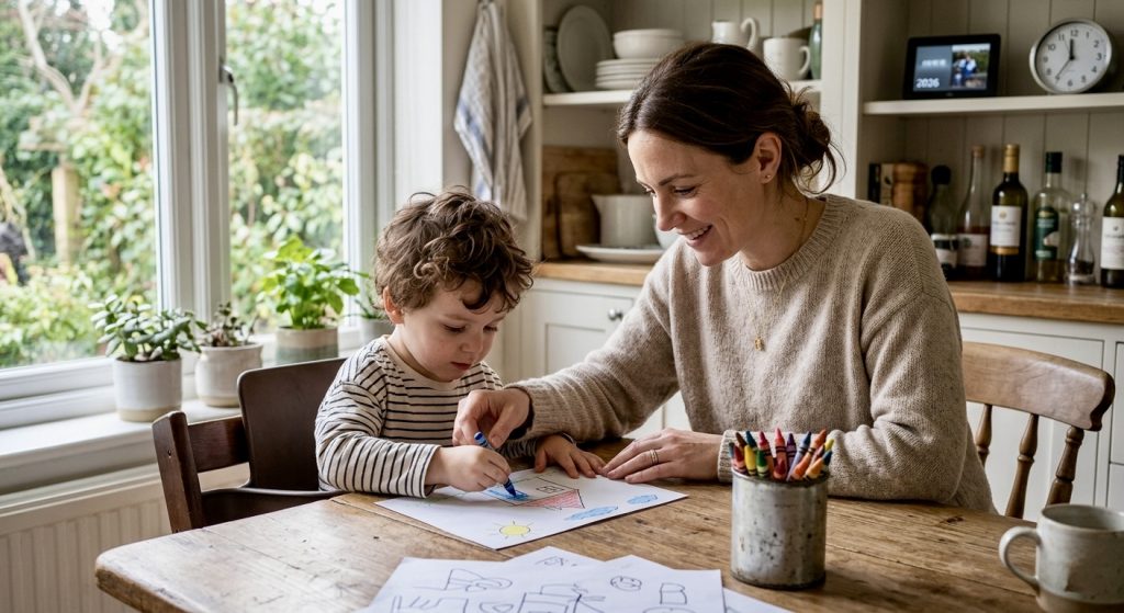 mother helping child with ADHD in children focus on a task at home
