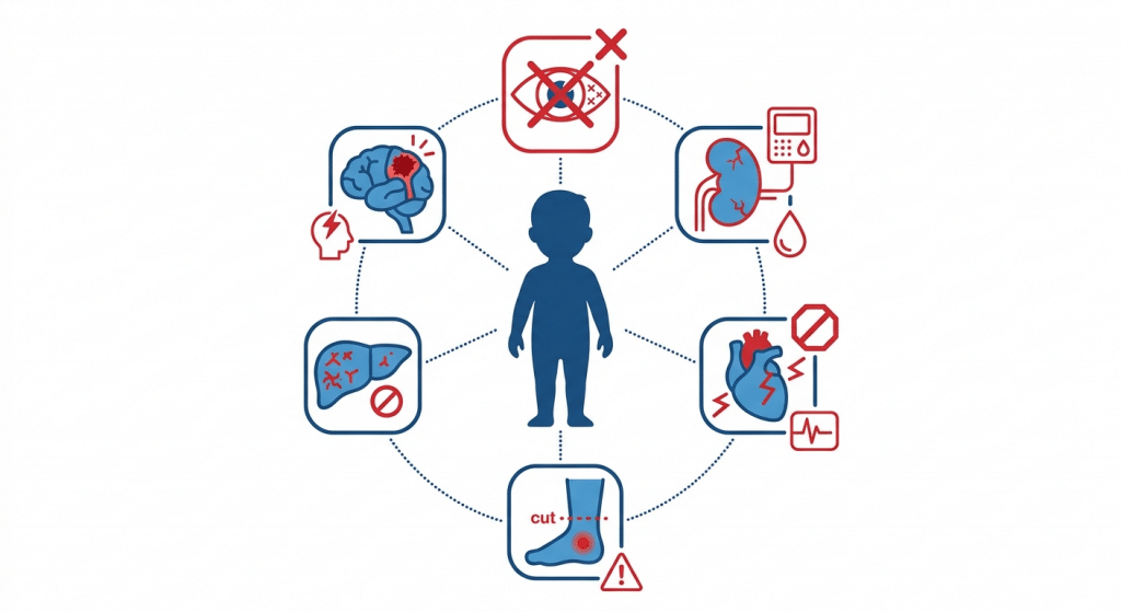 diabetes in children - infographic showing long-term complications of uncontrolled diabetes
