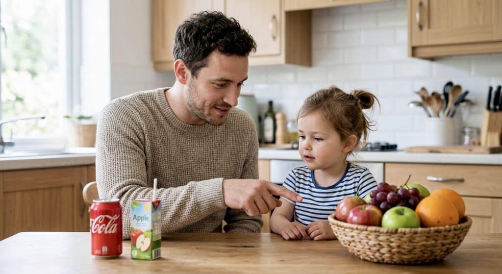 childhood diabetes prevention - father showing child difference between fruit and sugary drinks