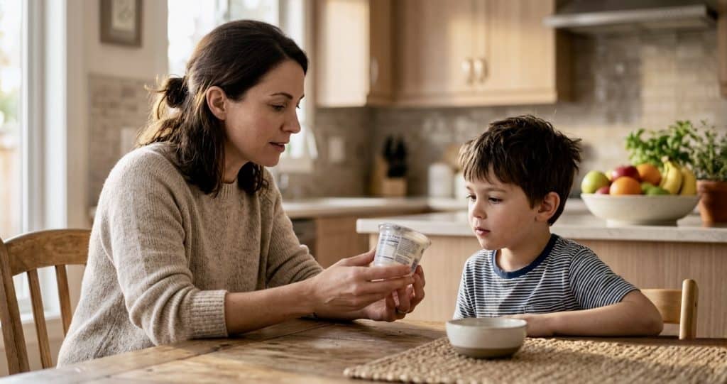 diabetes in children - mother teaching child to read nutrition label for hidden sugars