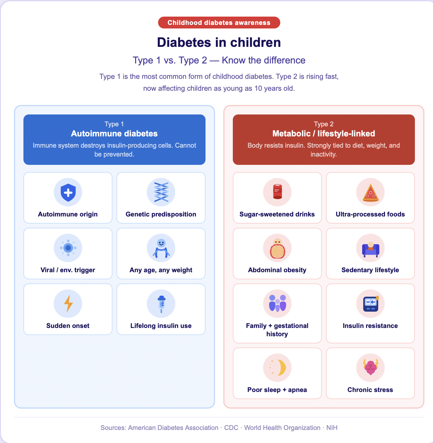 Diabetes in children: illustrated infographic comparing Type 1 autoimmune and Type 2 lifestyle-linked risk factors, including sugar-sweetened drinks, obesity, sedentary lifestyle, genetic predisposition, and insulin resistance.