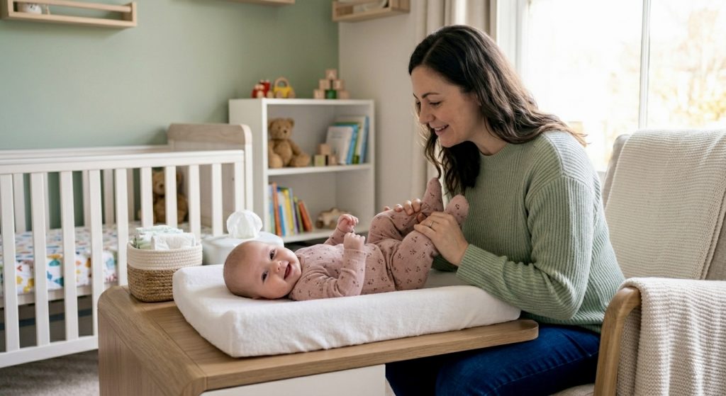 Mother performing bicycle leg exercise to help baby with infant dyschezia and gas relief in 2026