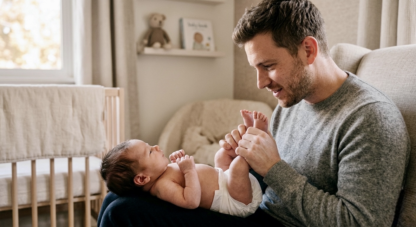 Father gently bending newborn baby's knees toward chest to relieve infant dyschezia episode at home