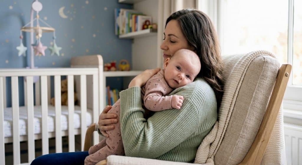 A calm mother holding her newborn baby while learning about infant dyschezia symptoms