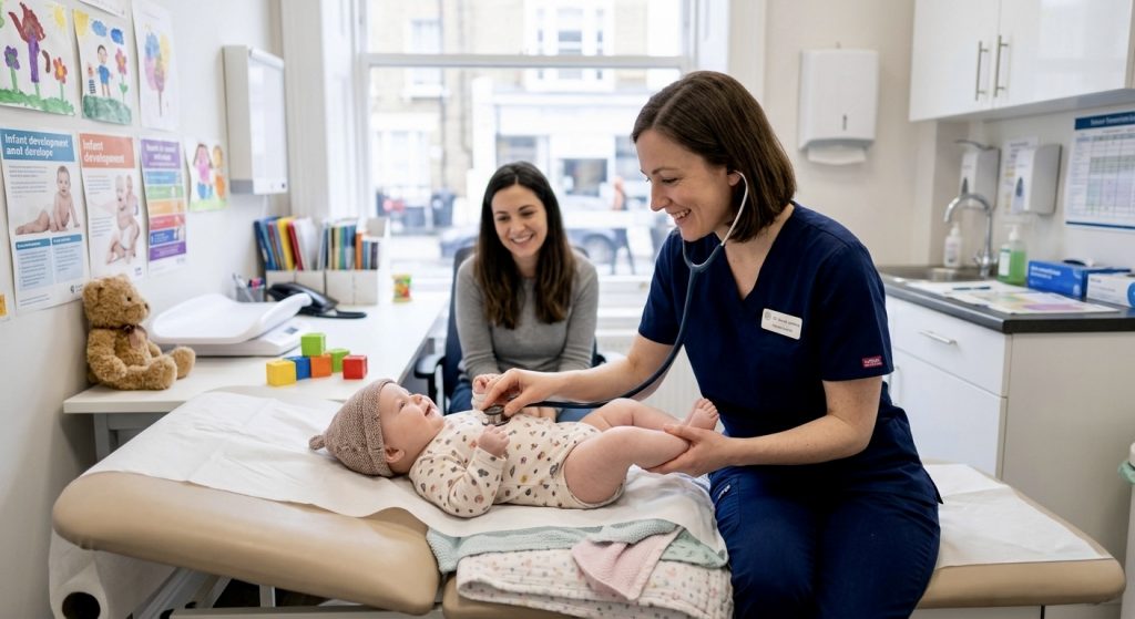 Pediatrician examining a baby to evaluate infant dyschezia and rule out other digestive conditions
