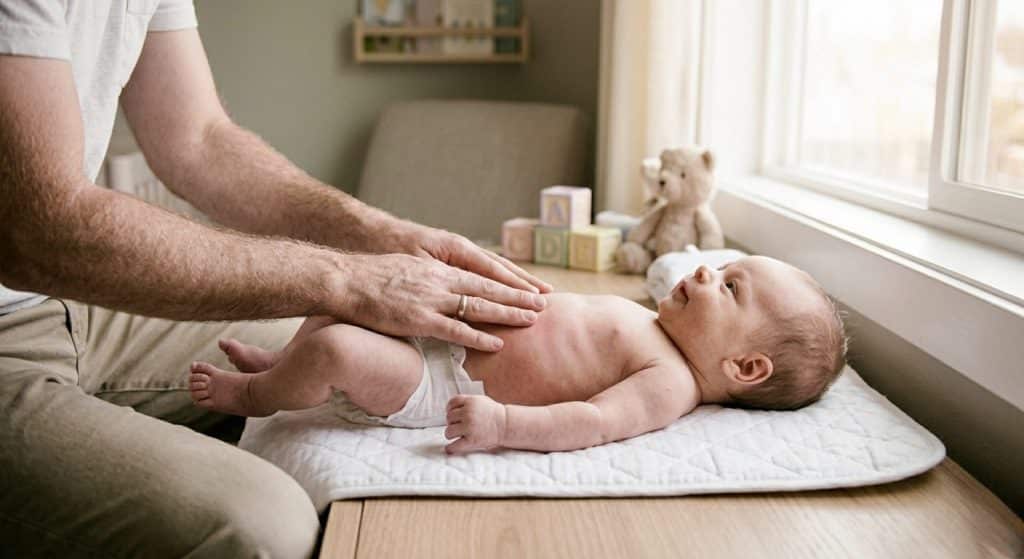 Father performing gentle tummy massage on newborn baby lying on changing mat to help with infant dyschezia