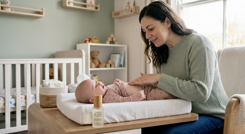 Mother performing clockwise tummy massage to relieve infant dyschezia discomfort