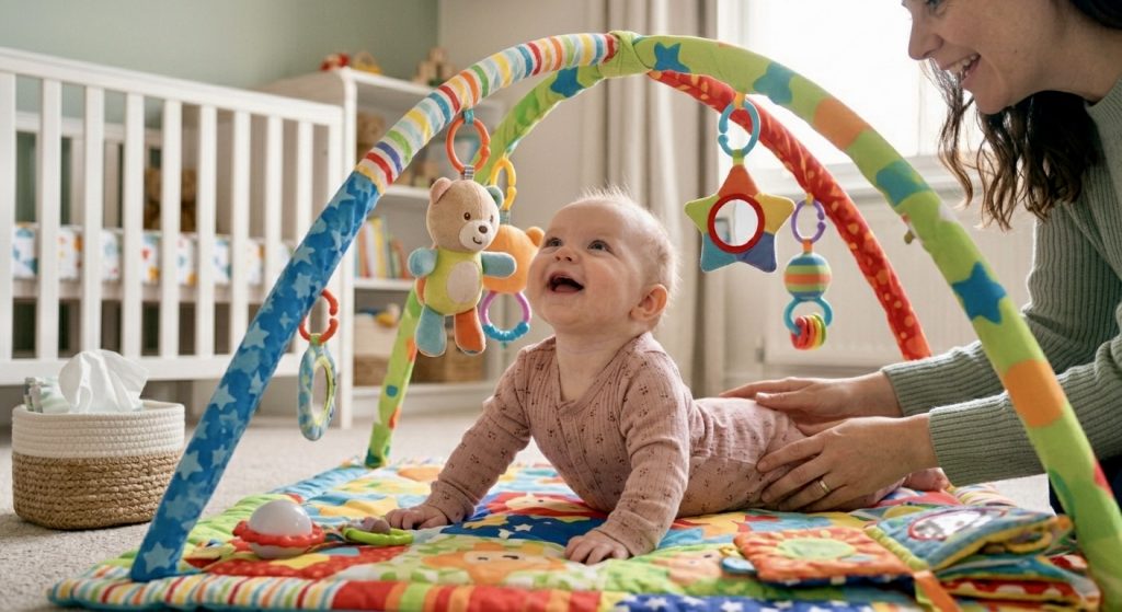 Baby doing supervised tummy time on activity gym mat, a proven strategy for resolving infant dyschezia