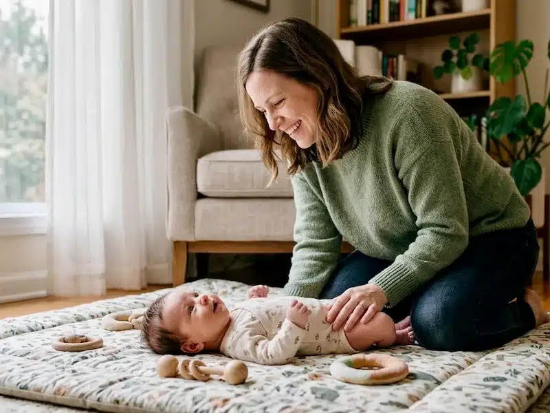 happy mother and newborn after learning about moro reflex in babies