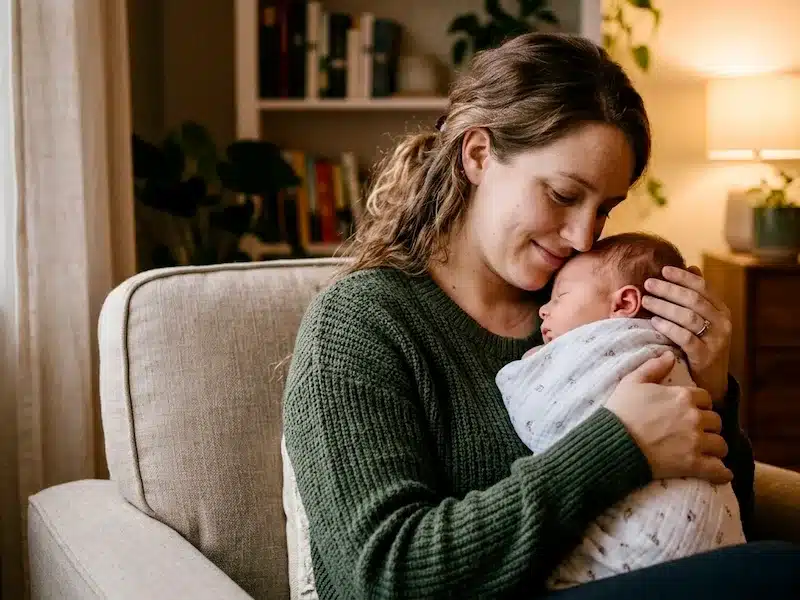 parent using containment hold to soothe moro reflex in babies