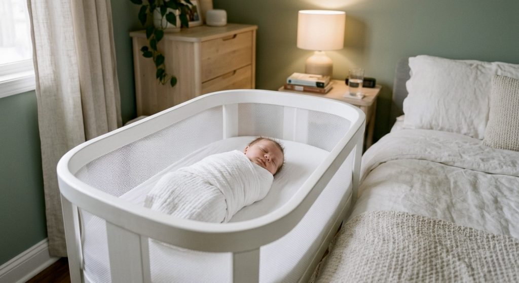 swaddled baby sleeping peacefully to reduce moro reflex sleep disruptions