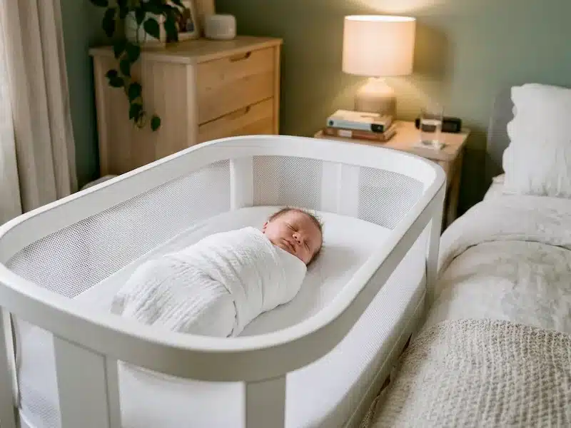 swaddled baby sleeping peacefully to reduce moro reflex sleep disruptions