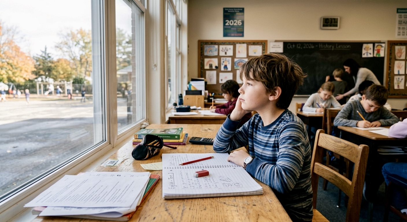 child with ADHD in children distracted at school desk looking out window