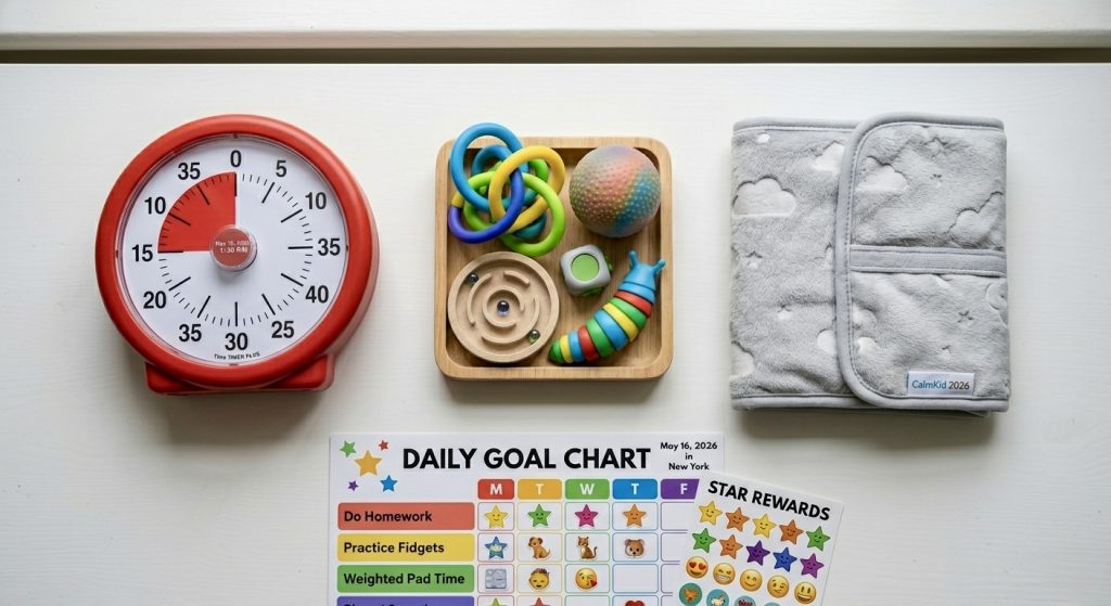 ADHD in children support tools including weighted lap pad fidget set and visual timer
