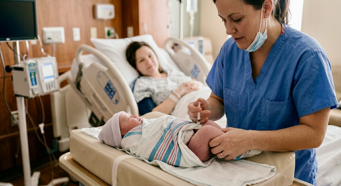 nurse administering vitamin K shot for newborns in hospital delivery room Position