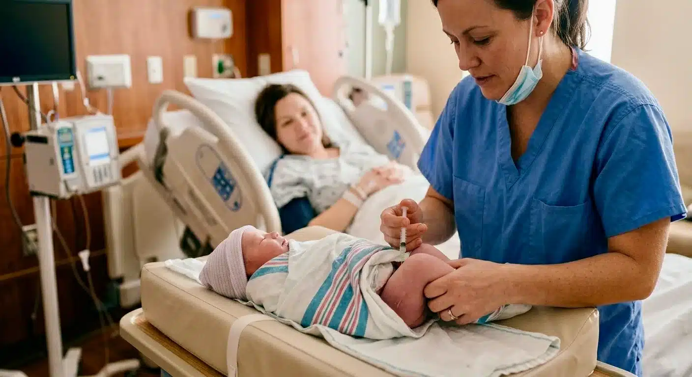 nurse administering Vitamin K Shot for Newborns in hospital delivery room Position
