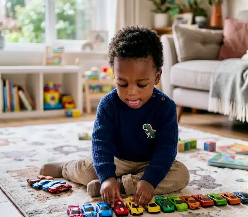 early signs of autism in babies, toddler lining up toys