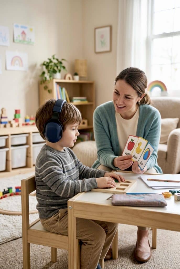 autism in children, speech therapy session with child and therapist