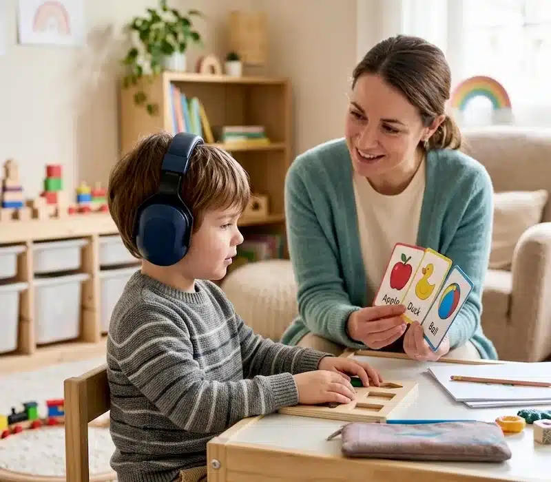autism in children, speech therapy session with child and therapist