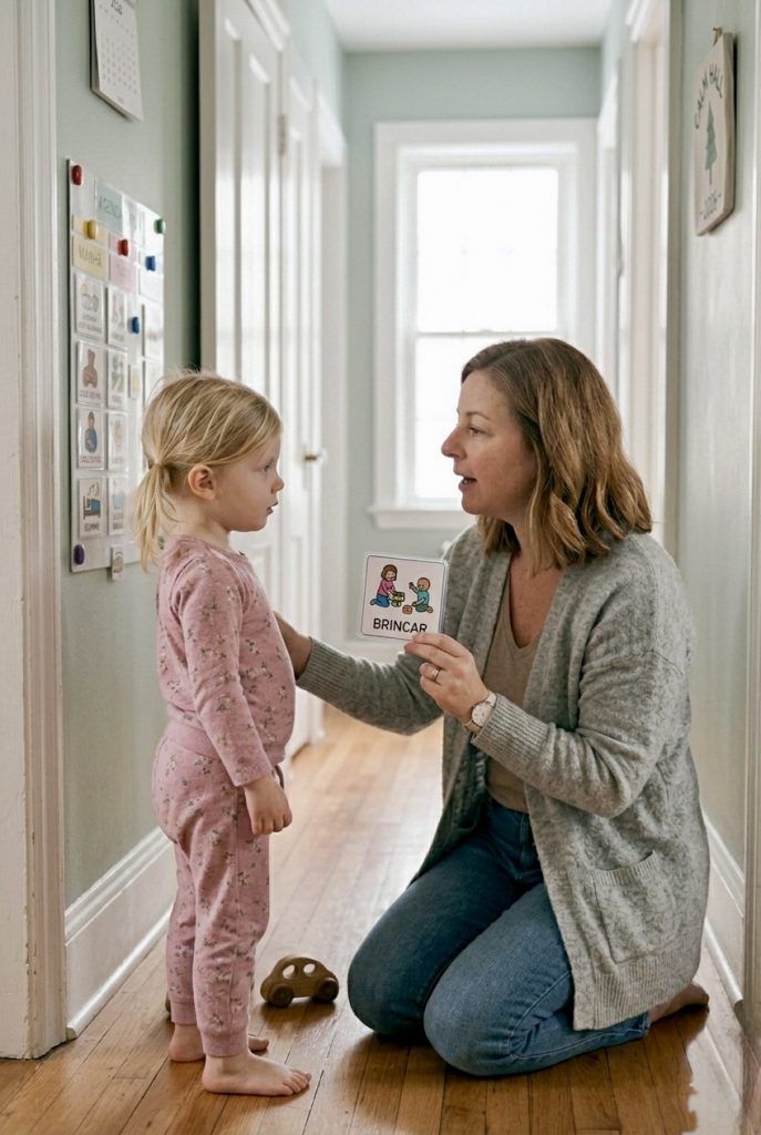 autism communication strategies parent using visual card with child