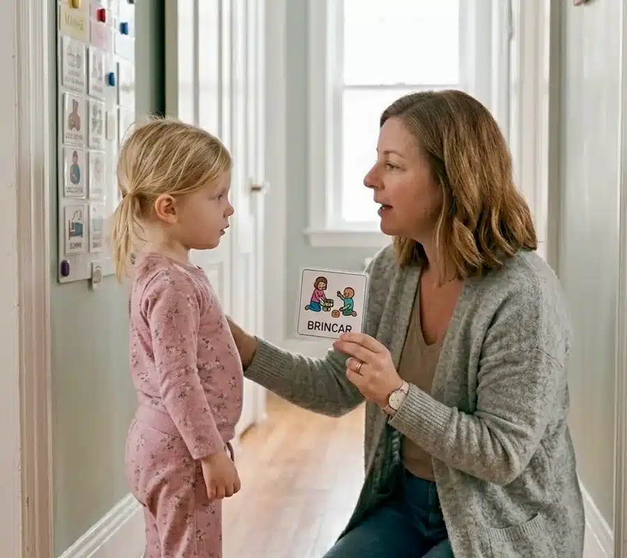 autism communication strategies parent using visual card with child