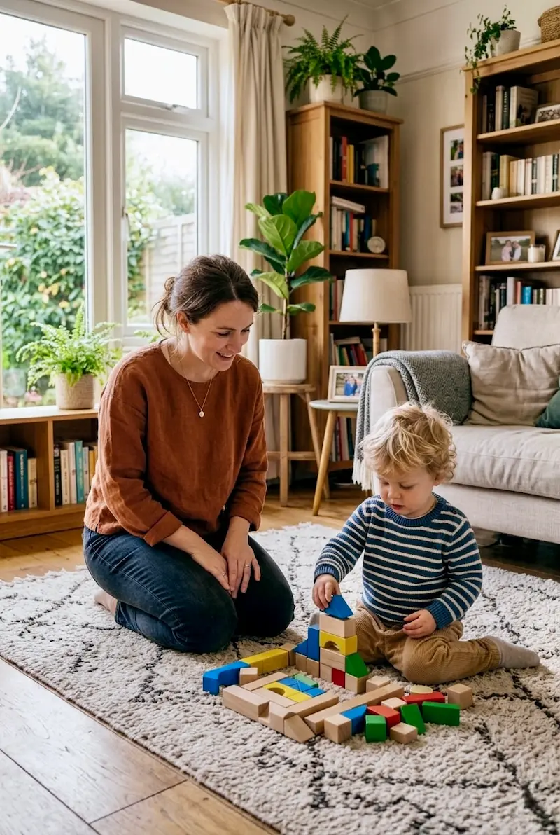 autism in children, mother watching toddler play with blocks