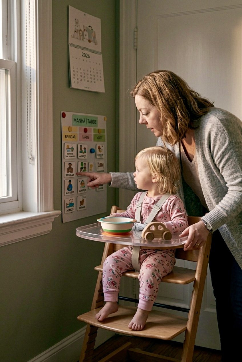 parent and child looking together at daily routine for autistic child visual schedule