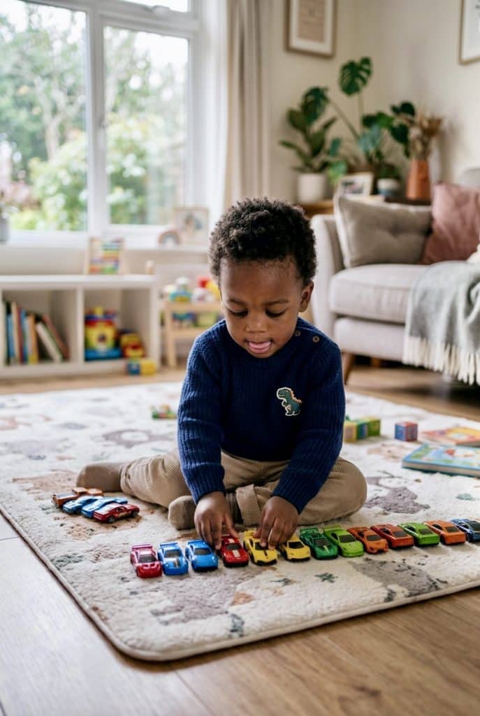 early signs of autism in babies, toddler lining up toys

