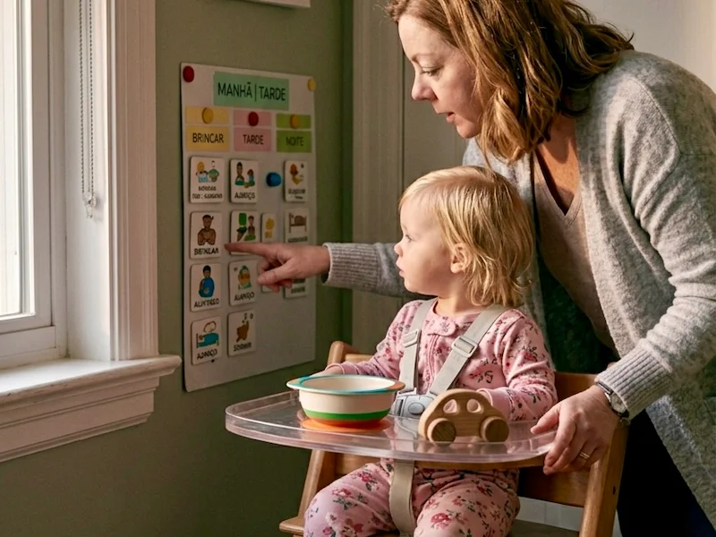 Mother and toddler looking at a visual daily routine chart for autistic child