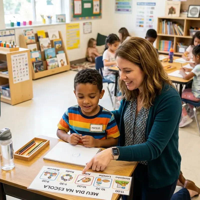 teacher using critical school strategies for autistic children with visual schedule
