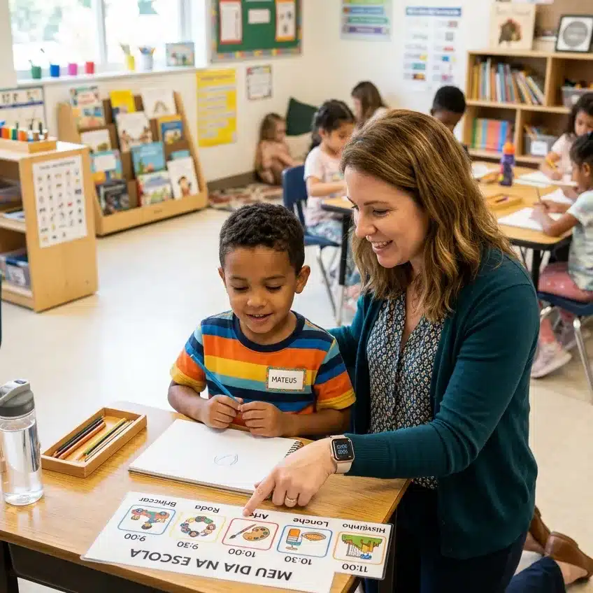 teacher using critical school strategies for autistic children with visual schedule